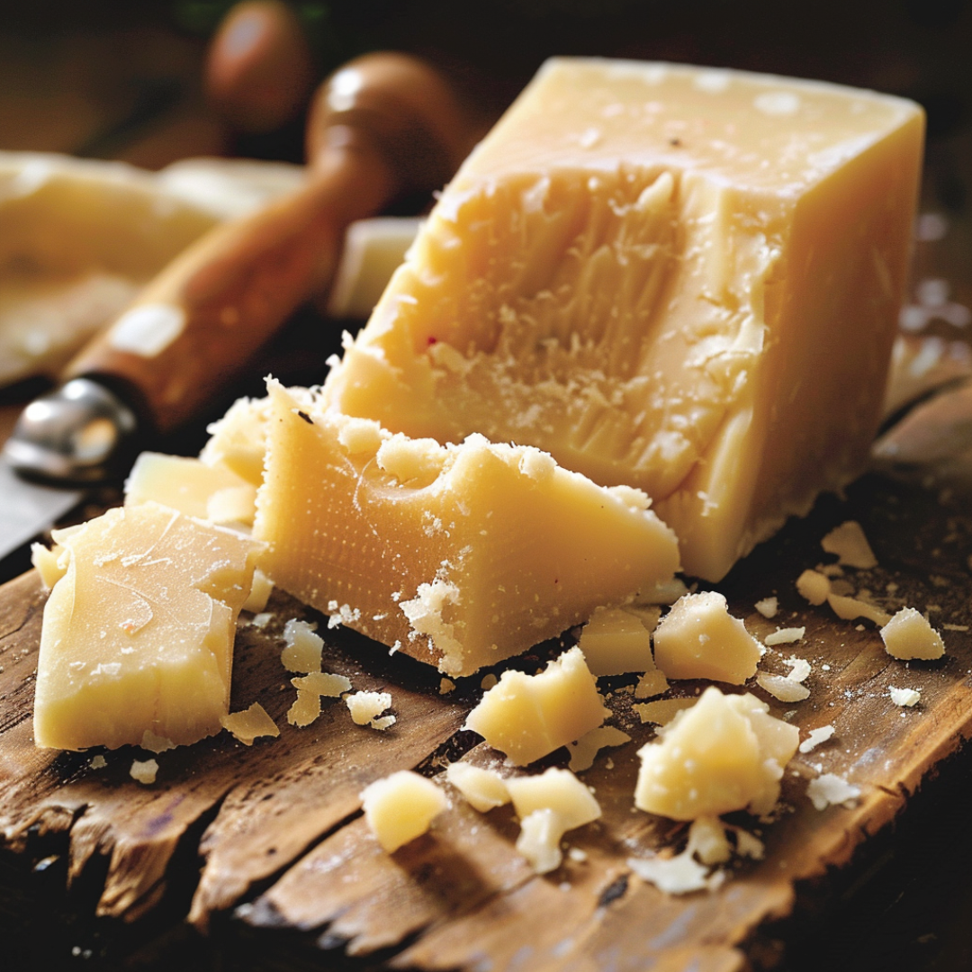 Аппетитные ломтики и крошки пармезана, крупный план на сырной доске