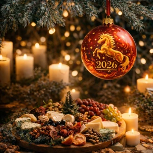 новогодний стол 2026 с сырной тарелкой и праздничной сервировкой