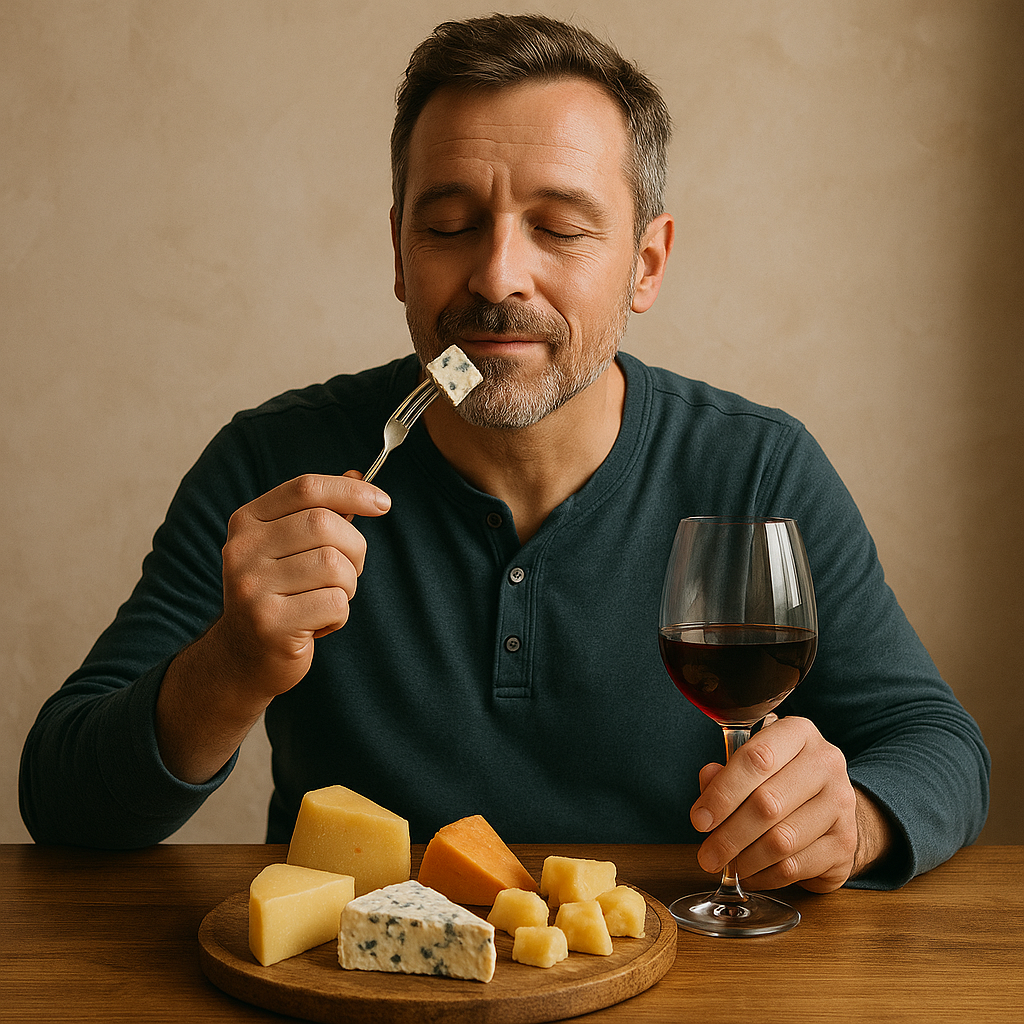 Мужчина наслаждается сырной тарелкой с Горгонзолой — момент возвращения вкуса жизни
