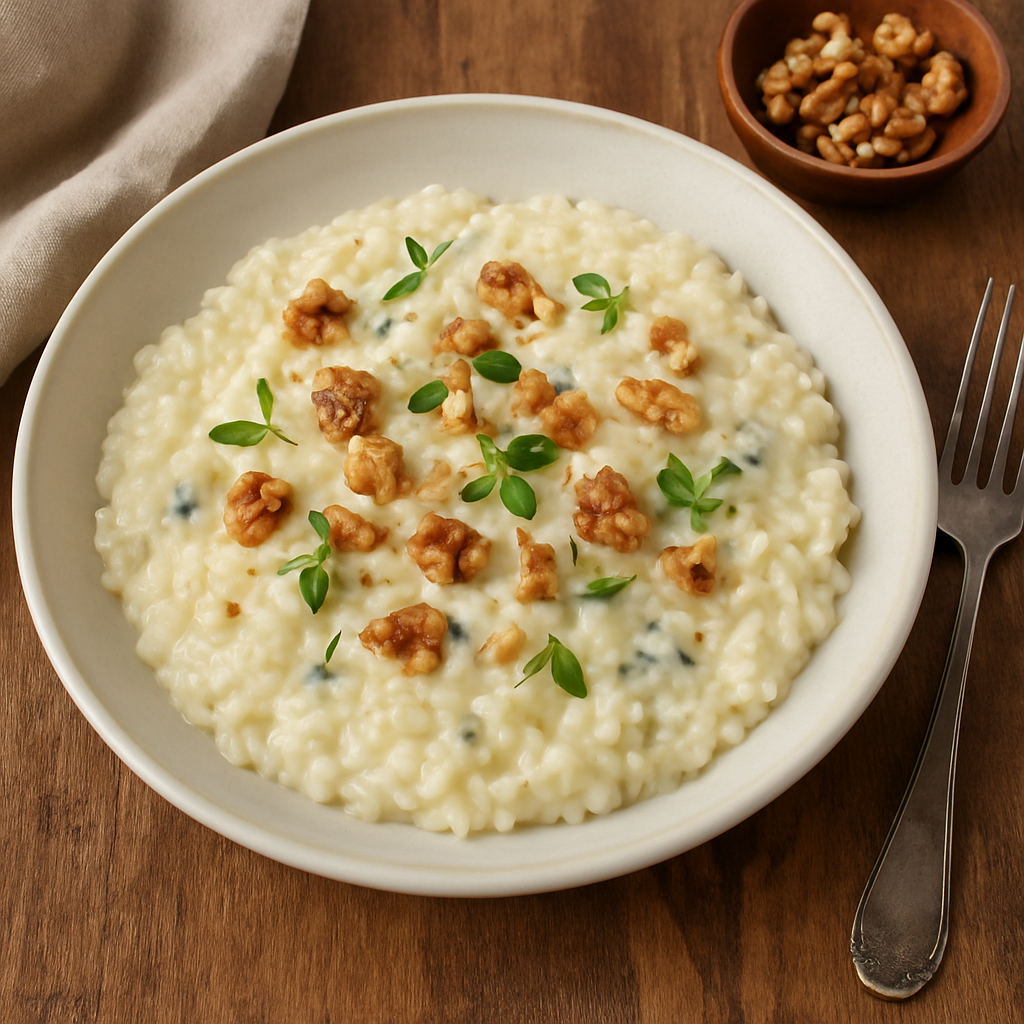 Ризотто с горгонзолой и грецкими орехами – готовое блюдо на тарелке