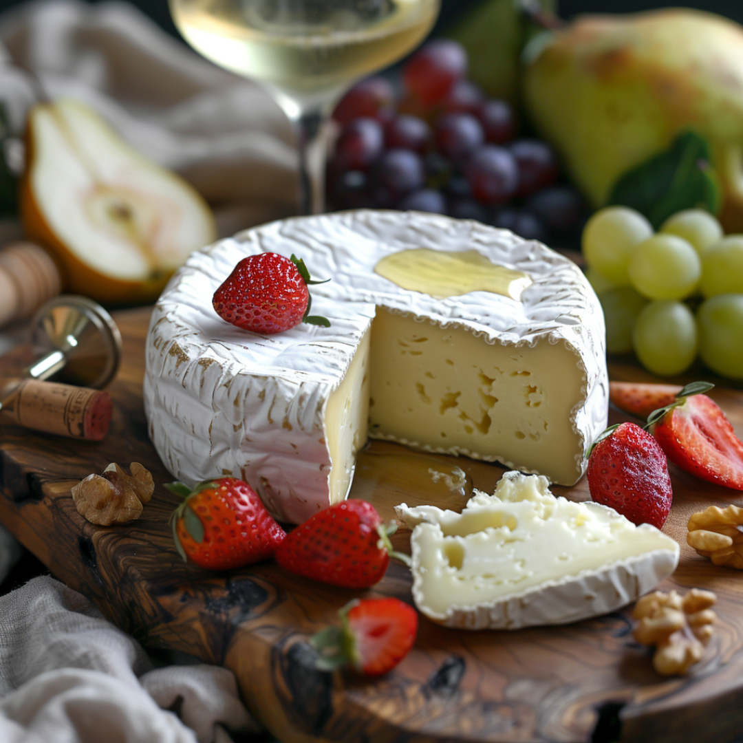 крупный план сыра Бри с ягодами и бокалом вина