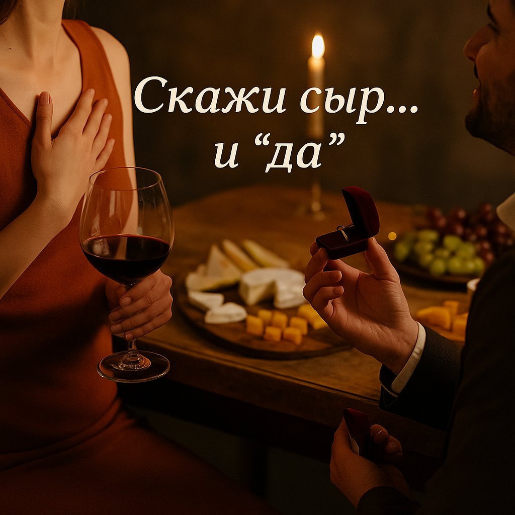 Мужчина делает предложение руки и сердца на дегустации сыров — романтический ужин с вином и сырной тарелкой