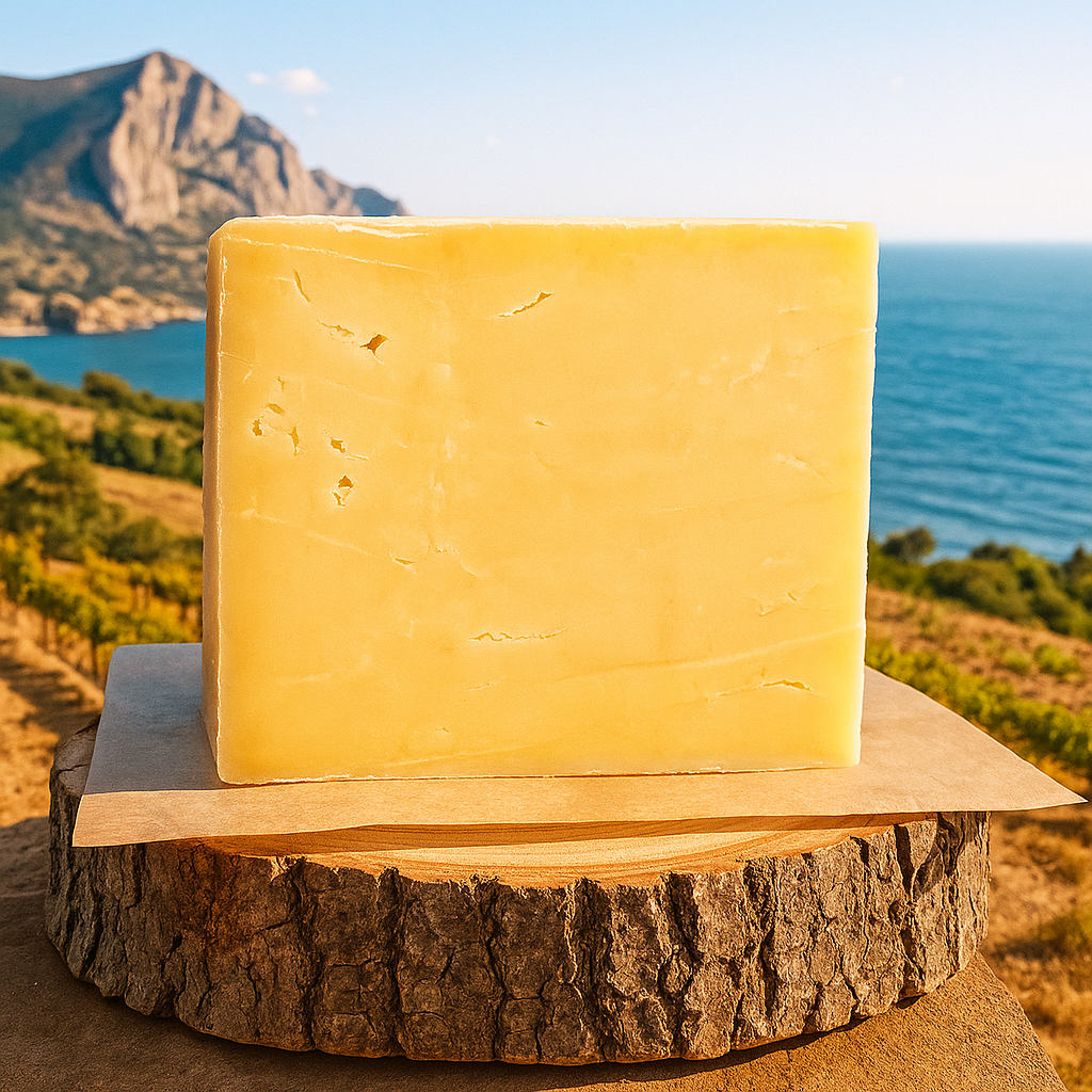 Молодой крымский чеддер на фоне побережья — полутвёрдый сыр с натуральной текстурой