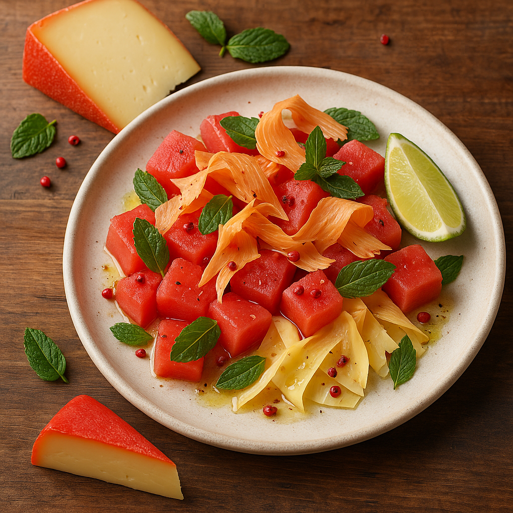 Летний салат с арбузом, сыром Красная Ведьма, мятой и розовым перцем на белой тарелке