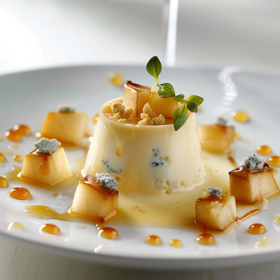 Панна-котта с голубым сыром и медовыми грушами.