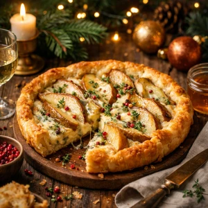 Тёплый новогодний тарт с горгонзолой, грушей и розовым перцем