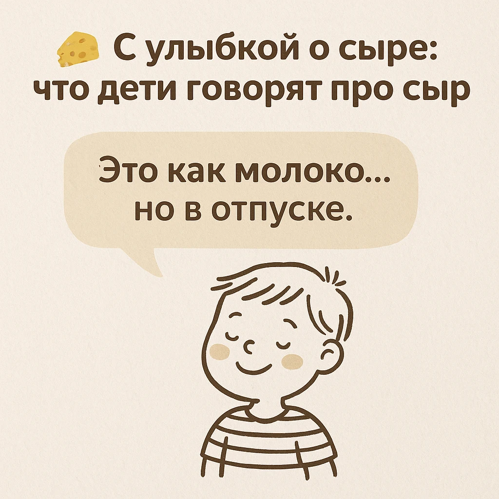 Детская иллюстрация с цитатой «Это как молоко… но в отпуске» и заголовком «С улыбкой о сыре»