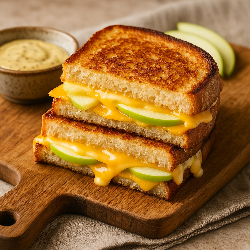 🥪 Горячий сэндвич с чеддером, яблоком и горчичным соусом.