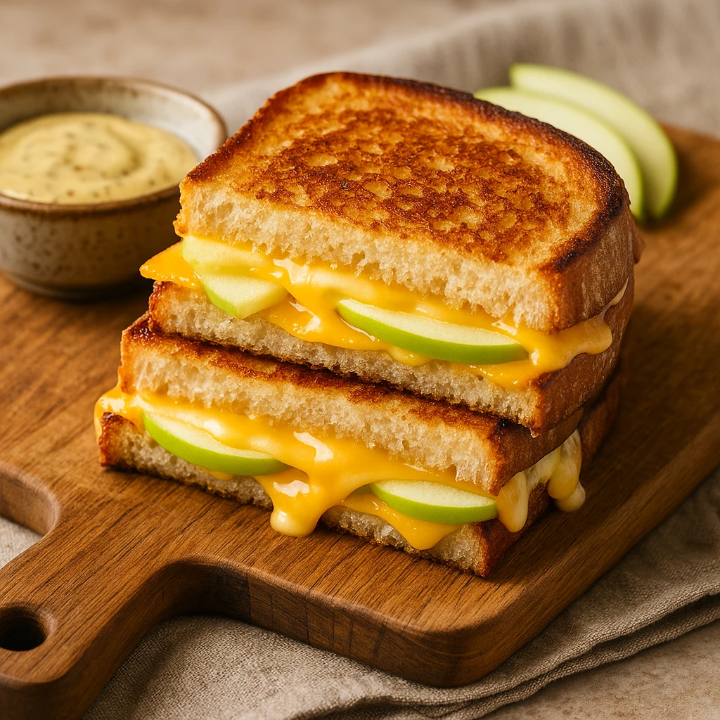 🥪 Горячий сэндвич с чеддером, яблоком и горчичным соусом.