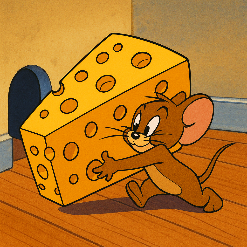 Мультяшная иллюстрация: мышь крадёт кусок сыра с дырками — визуальный образ сырного юмора