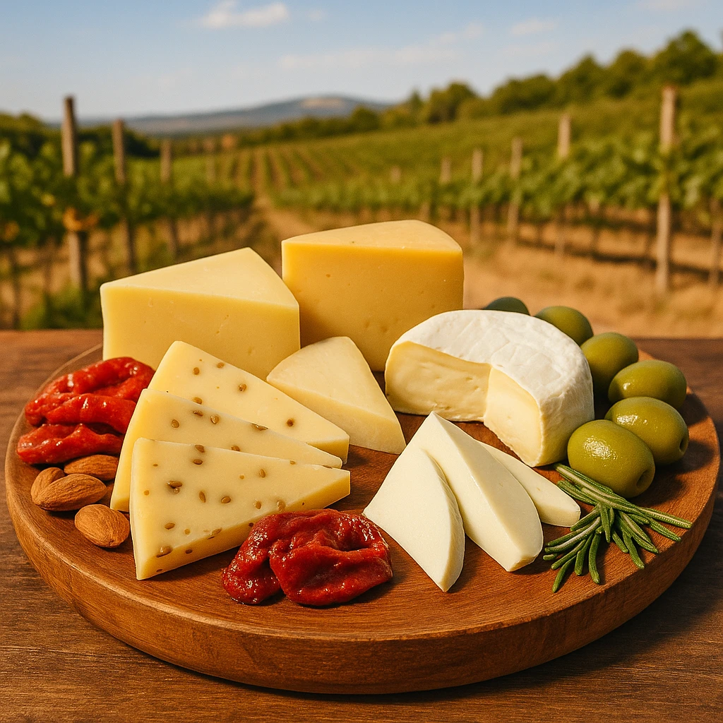 Испанская сырная тарелка с Камамбером, козьей Гаудой, Чеддером, сыром Кипиа, оливками и вялеными томатами на фоне виноградника