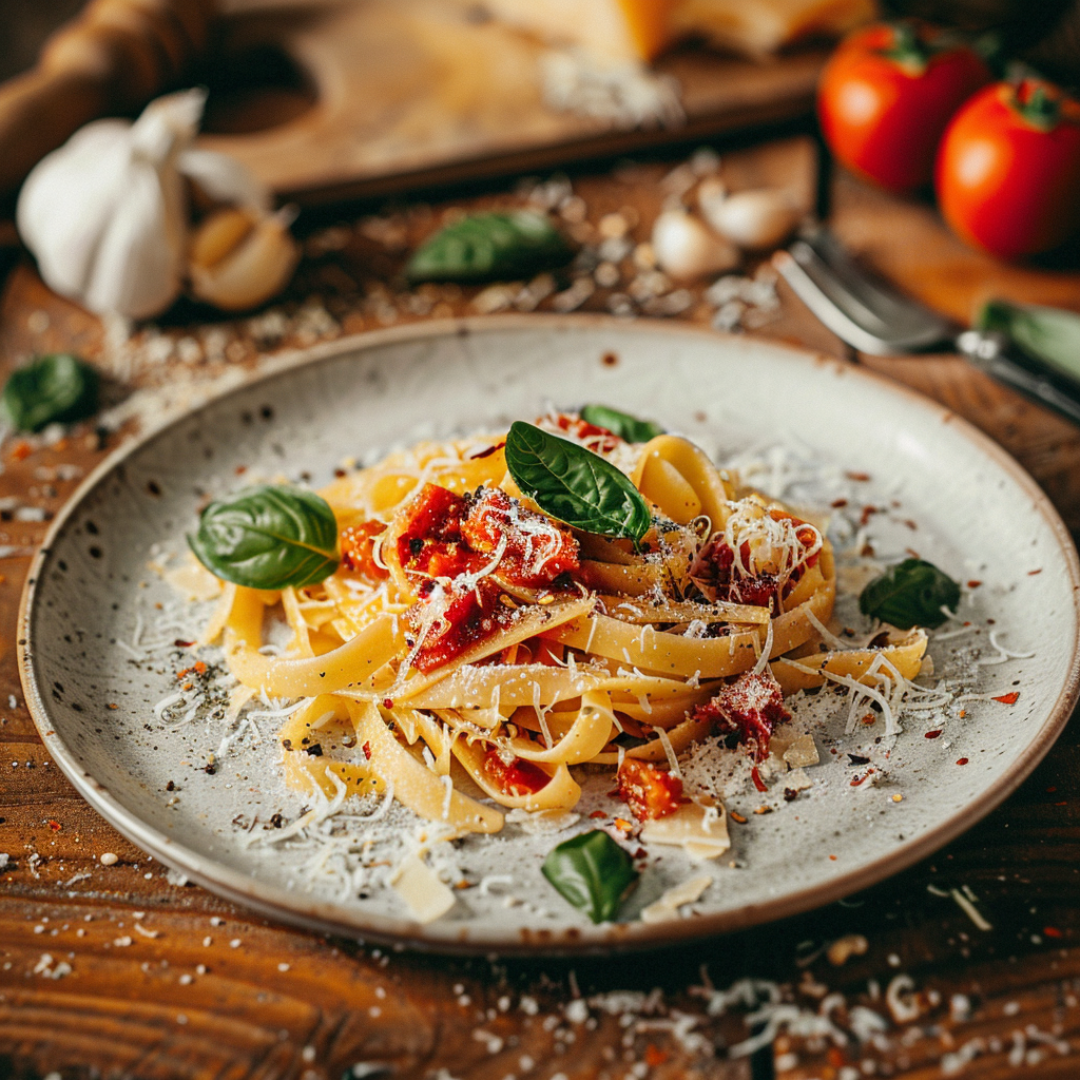 Паста с томатами и базиликом.