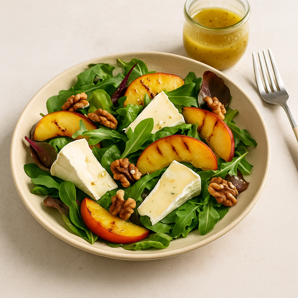 Салат с сыром, персиком и медово-горчичной заправкой.