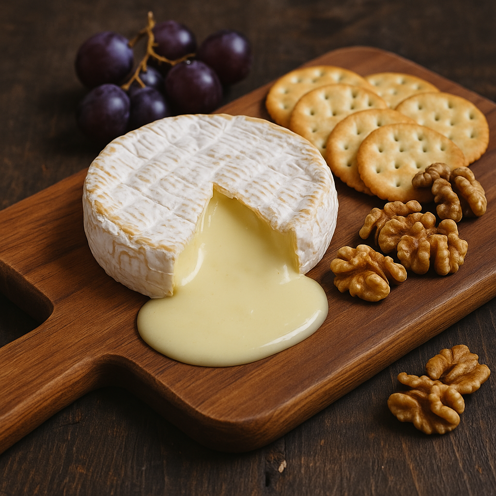 Растёкшийся Камамбер на деревянной доске с орехами и крекерами — типичный сырный конфуз