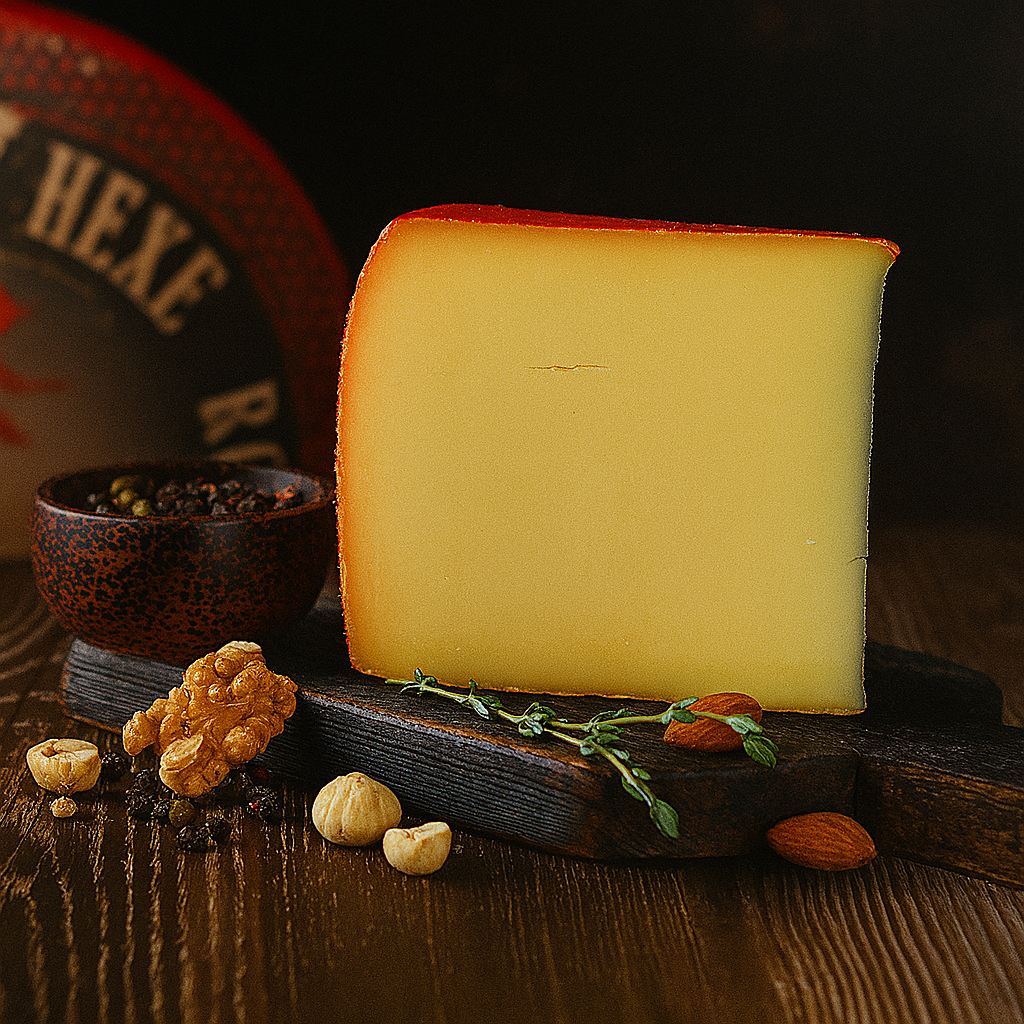 Сыр Красная Ведьма — полутвёрдый швейцарский сыр с мытой красной коркой, подан на деревянной доске с орехами и перцем