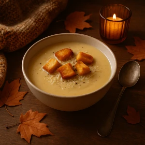 🧀 Крем-суп с сыром и хрустящими гренками: уют в каждой ложке.