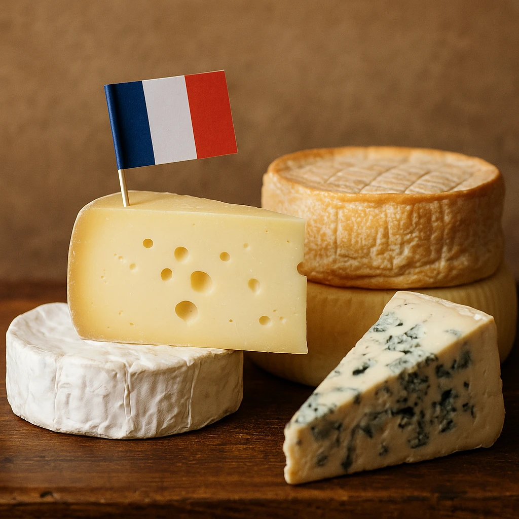 ассортимент французских сыров с флагом Франции на деревянной доске