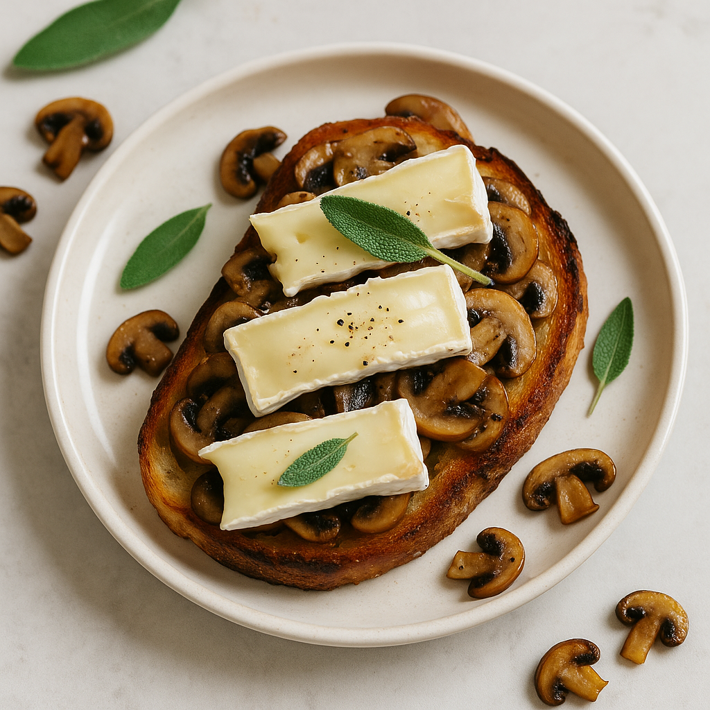 Тост с жареными грибами и Камамбером на светлой тарелке, украшенный шалфеем
