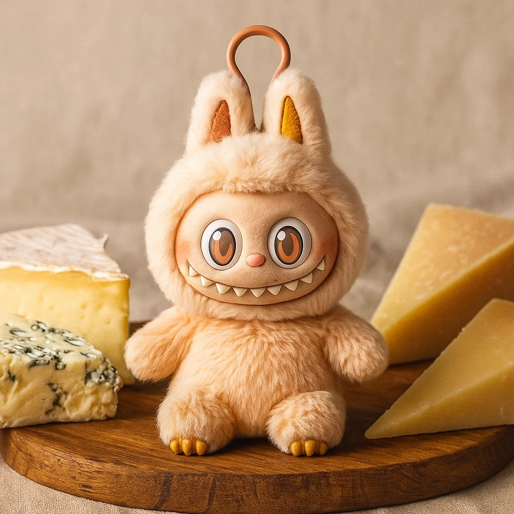 Игрушка Лабубу на сырной доске с бри, голубым сыром и пармезаном — оригинальный подарок и вкусный момент