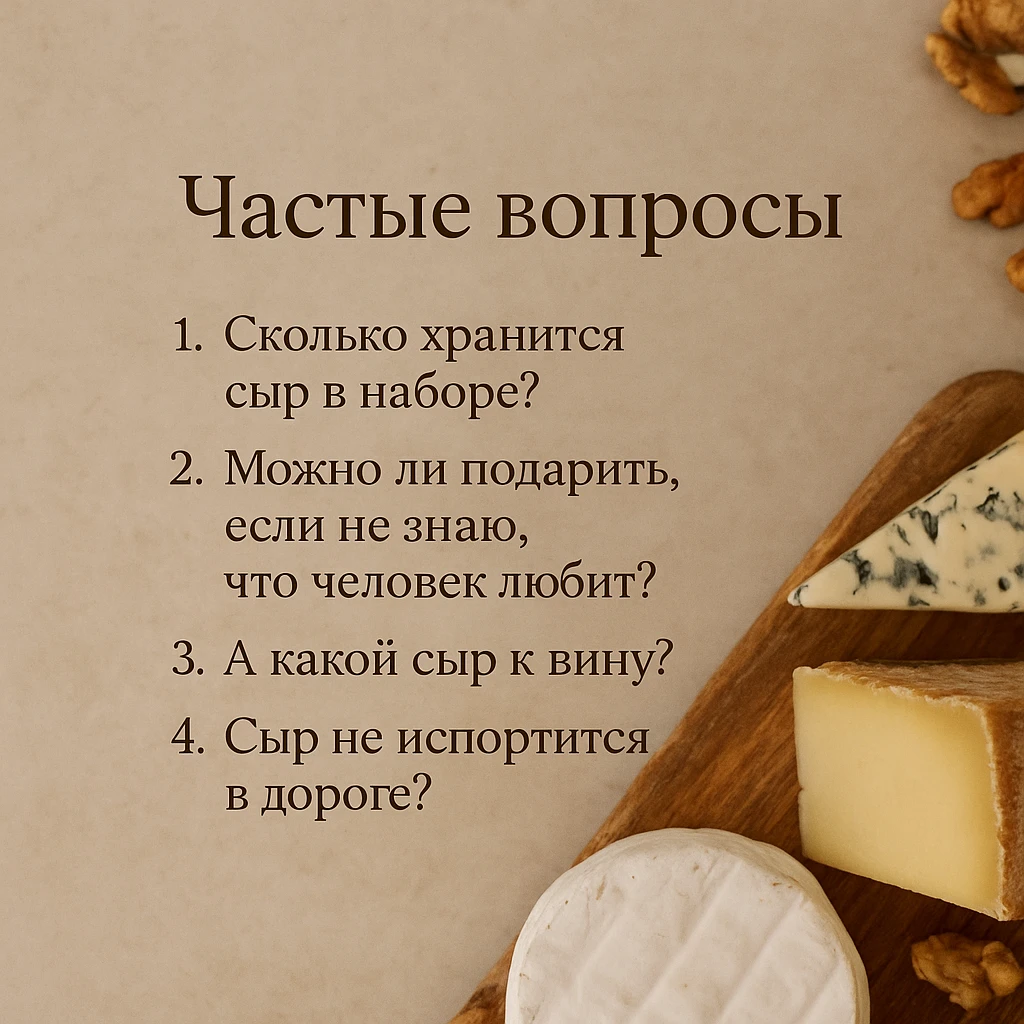 Инфографика с частыми вопросами о сыре: хранение, подарок, выбор под вино, доставка