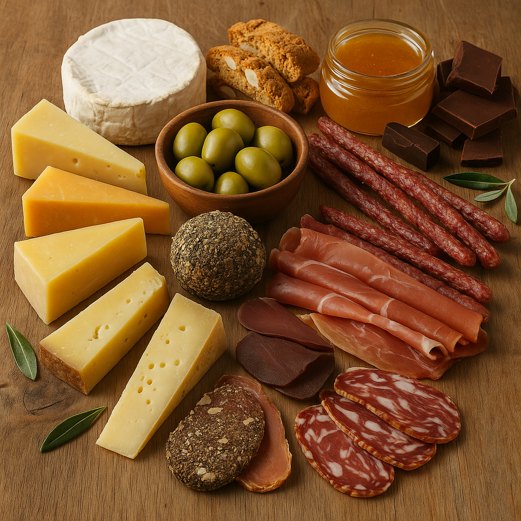 Ассорти из сыров, мясных деликатесов, оливок и сладостей из подарочного набора Сырного Сомелье