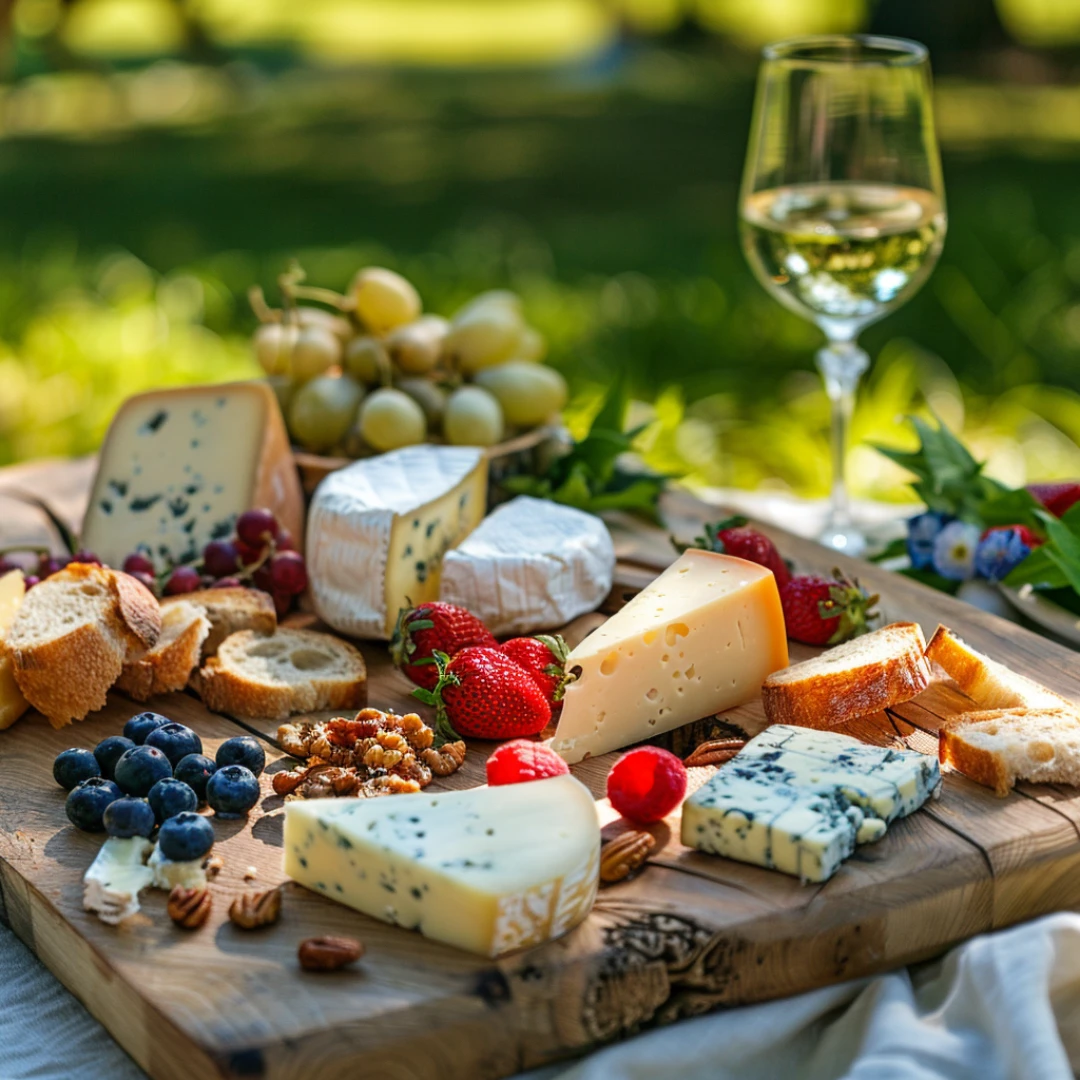 ассорти сыров, фруктов и багета на деревянной доске