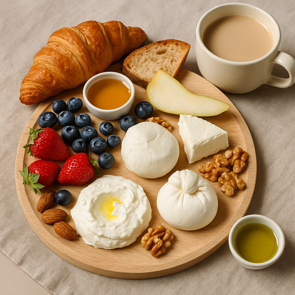 Сырная тарелка для завтрака с рикоттой, бураттой, фруктами и круассаном на деревянной доске