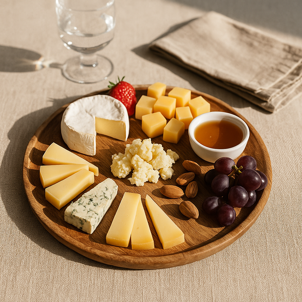 Сырная тарелка с фруктами, орехами и мёдом на деревянной доске при дневном свете