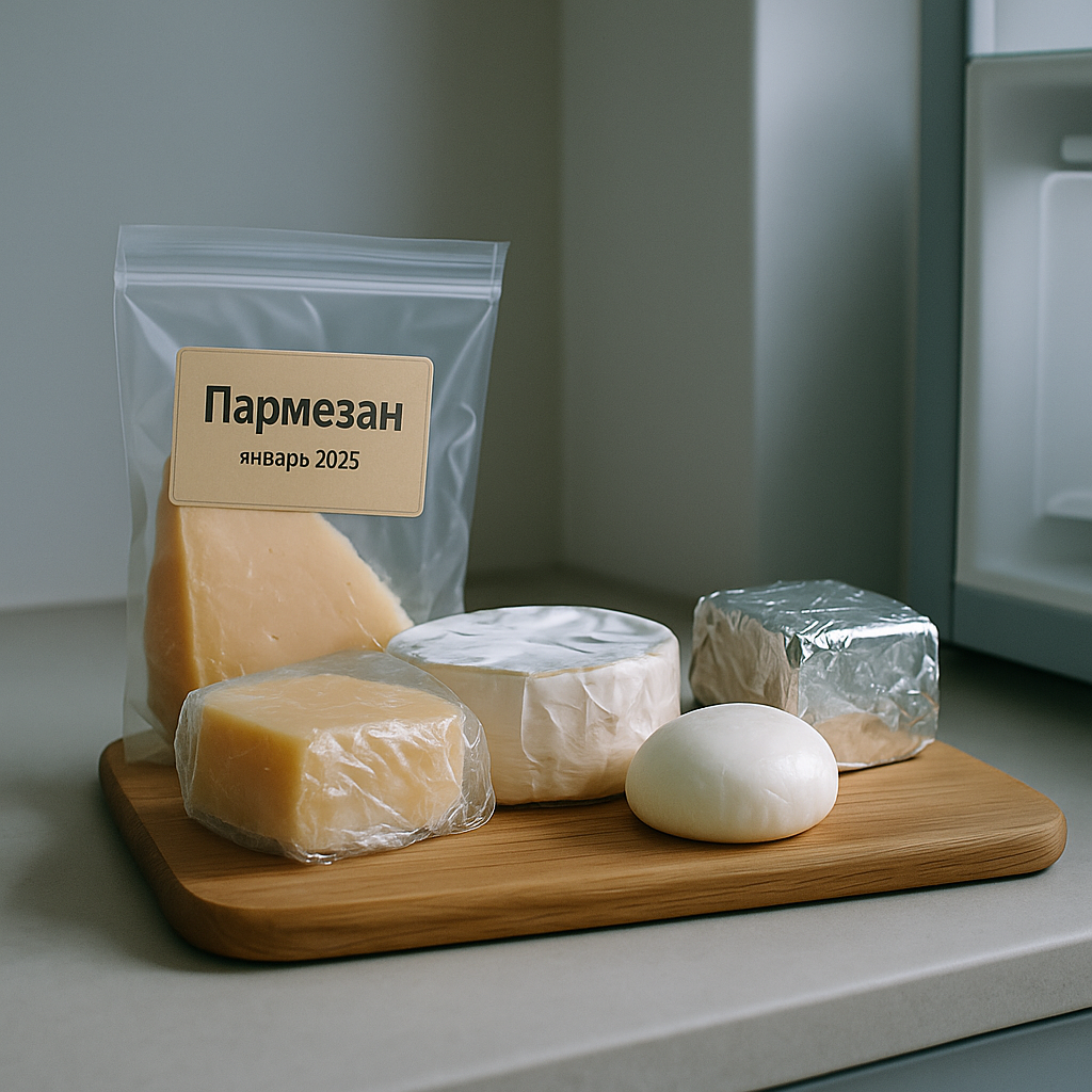 Разные виды сыра на деревянной доске в холодильнике: пармезан, бри, моцарелла и упаковка с подписью "Пармезан - январь 2025"