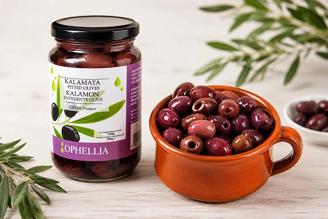 Оливки Каламата б/к в рассоле jumbo Ophellia, 370мл стеклянная банка, Греция