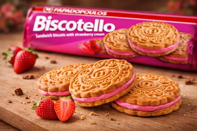 Печенье-сэндвич «Бискотелло» с клубничным кремом Papadopoulos 200г